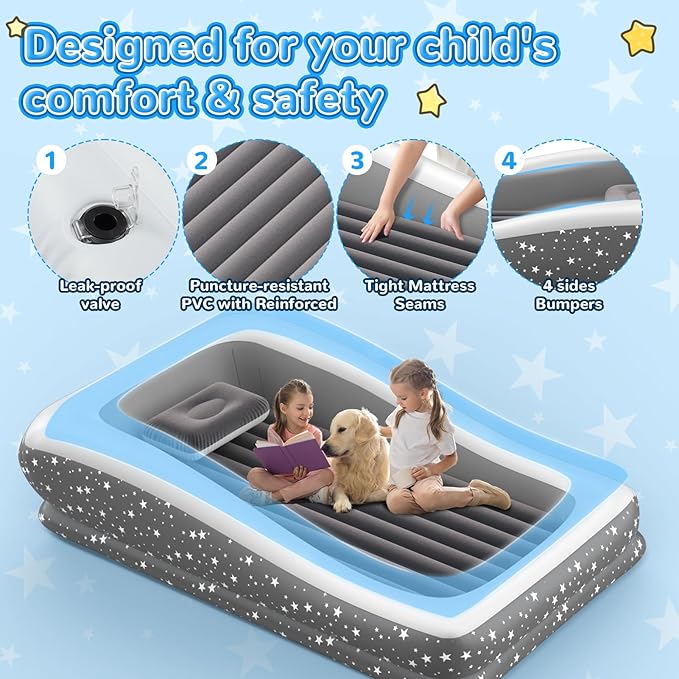 Inflatable Toddler Travel Bed - 67'' Large Size Safety Kids Air Mattress with 4 Sides - Portable Camping Bed for Outdoor Sleepovers Easy to Inflate &amp Deflate with Storage Bag &amp Pump Grey