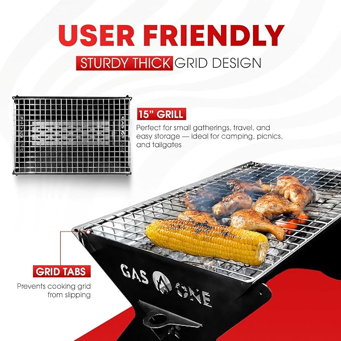 GasOne 15” Portable Charcoal Grill – Foldable BBQ Grill – Camping Grills for Backyard Bonfire Patio – Heavy-Duty Portable Fire Pit – Camp Cooking Gear