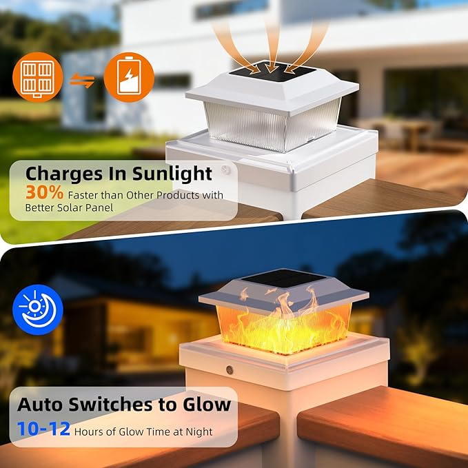 Solar Post Cap Lights 8 Pack Outdoor Flickering Flame Light Fit for 3.5x3.5 4x4 5x5 Vinyl/Wooden Post HIGT Brightness SMD LED Decor for Garden/Whiteyard - White