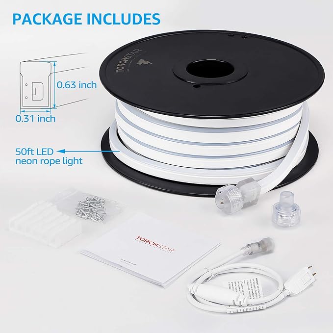TORCHSTAR Premium 50ft LED Neon Rope Light Easter &amp Spring Decoration Outdoor IP67 Waterproof 120V UL Plug ETL Connectable Neon Light Strip for Shop Sign Max 3 Sets(150FT) Amber Light