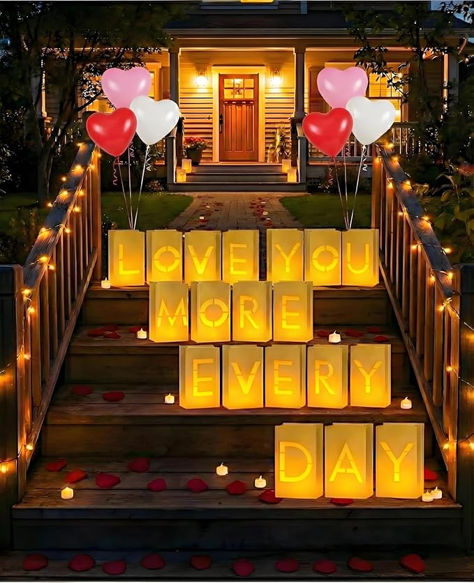 AceList Romantic Anniversary Decorations Set - Love You More Every Day 19 Pcs Luminary Bags with 40 LED Tea Lights 2000 Rose Petals &amp 6 Heart Balloons - Light Up Letters Kit for Proposal