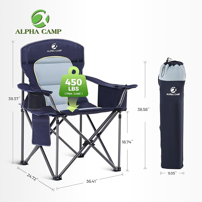ALPHA CAMP Heavy Duty Camping Chair 500LBS Capacity Oversized Folding Chair for Heavy People Padded Portable Outdoor Chair with Cooler Bag &amp Cup Holder for Camping Fishing Beach