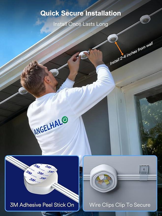 ANGELHALO Permanent Outdoor Lights Pro 155ft with 108 LED Lights for Daily and Accent Lighting Multiple Scene Modes Eaves Lights with Warm and Cool White Light IP65 Waterproof Works with Alexa