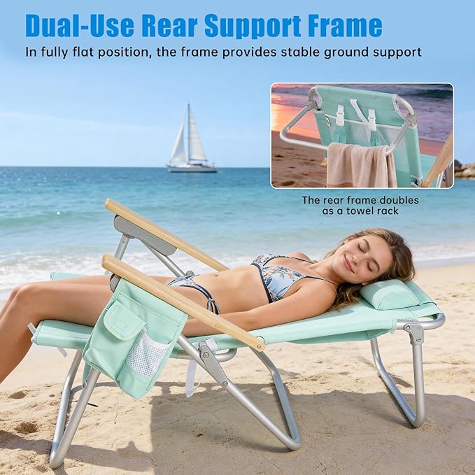 SUNNYFEEL Low Back Folding Beach Chair Aluminum Heavy Duty Beach Chair with 5-Position Portable Camping Chair for Adults with Wood Armrest Lightweight Camping Chair 300lbs Green