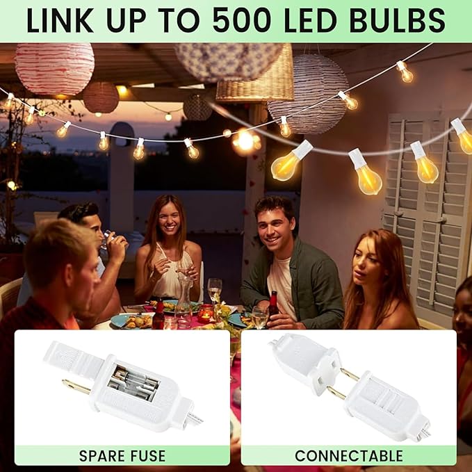 Outdoor String Lights 100FT LED Patio String Light String Lights for Outside with 53 LED Bulbs (3 Spare) White Outdoor Light for Yard Gazebo Pergola Porch Balcony White Cord
