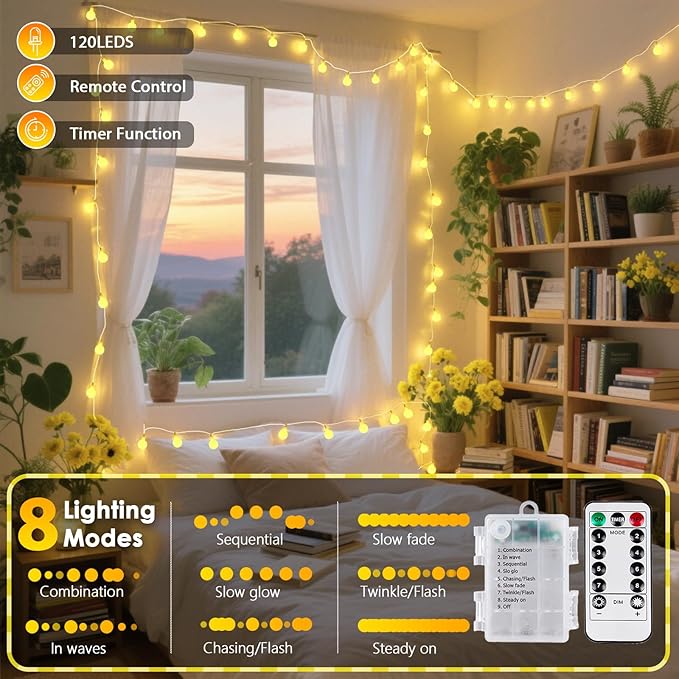 2 Pack Battery Operated String Lights - 52FT 120 LED Globe Fairy Lights with Remote Waterproof String Light Indoor Outdoor 8 Modes with Timer for Bedroom Classroom Dorm Christmas Decor Warm White