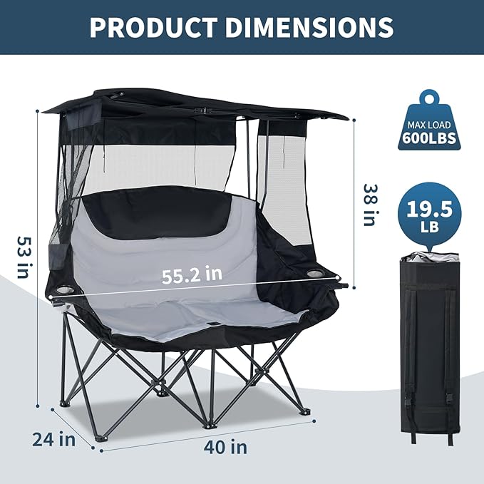 LILYPELLE Double Beach Chair with Canopy Shade Oversized Folding Camping Chair with Canopy Loveseat Camp Chair with Cup Holder Side Pocket for Camp Beach Lawn Fishing