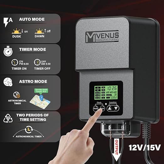 VENUS MANUFACTURING Outdoor Low Voltage Transformer 200W Landscape Lighting Transformer with Timer and Built-in Photo Sensor 120V AC to 12V-15V AC for LED Spotlight Pathway Garden Lighting