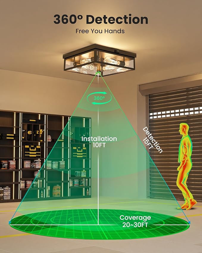 Caftersmark Outdoor Ceiling Light with Motion Sensor 14‘’ Flush Mount Porch Ceiling Light lear Glass with Dusk to Dawn 4-Light Close to Ceiling Light Fixture for PatioPorchGarage