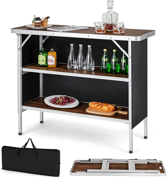COSTWAY Folding Picnic Table Portable Camping Table with Carry Bag Lightweight Aluminum Food Prep Station with 2 Shelves Quick Set-up BBQ Party Backyard