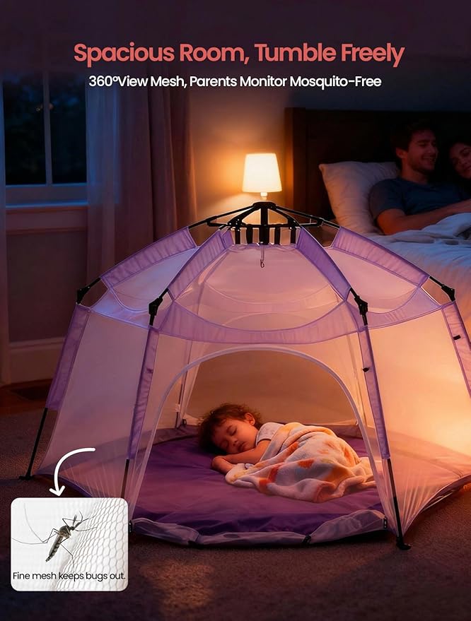 Portable Large Pop Up Kids Indoor Outdoor Tent with Canopy UV CoverThick Removable Floor for Sleeping Or Beach Shelter (Lilac)