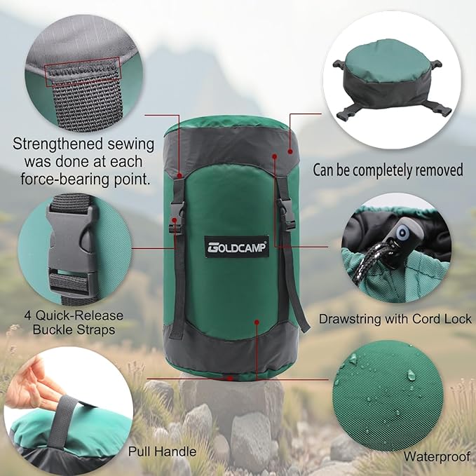GOLDCAMP Compression Sack 40% More Storage! 18L/30L/43L/49L/65L Compression Stuff Sack Waterproof &amp Ultralight Sleeping Bag Stuff Sack - Space Saving Gear for Camping Hiking (Green XXXL)