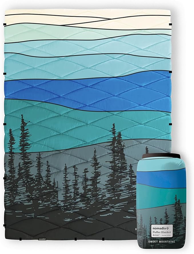 Nomadix Smoky Mountains Puffer Blanket – Water-Resistant Eco-Friendly Insulated Blanket with Snaps for Camping Beach and Travel Made from Recycled Materials