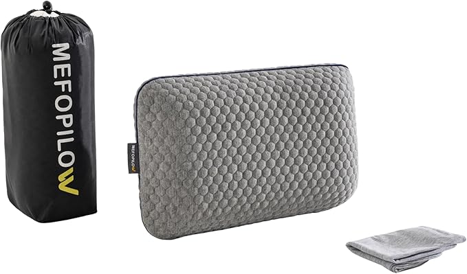 Memory Foam Travel Pillow with Washable Cover &amp Carry Bag – Compact Soft &amp Breathable Neck Pillow for Airplane Camping &amp Car (Gray- with Extra Gray Cotton Cover 15.7x9.8x3.9 inches)