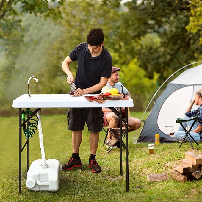 Goplus Folding Fish Cleaning Table with Sink and Spray Nozzle Heavy Duty Fillet Table with Hose Hook Up and Faucet Portable Outdoor Camping Sink Station for Dock Beach Patio Picnic