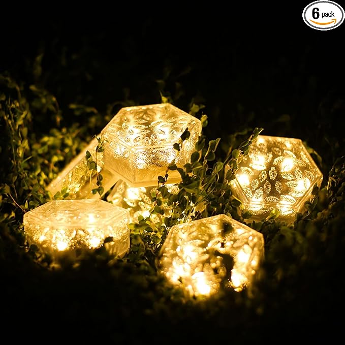 6 Pack Hexagram Bricks Outdoor Solar Powered LED In Ground Pathways Patio Yard Garden Glow Lights Decor