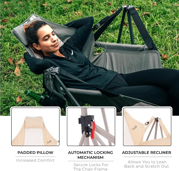 Portable Swing Hammock Chair | Foldable Recliner Rocking Lounger with Headrest &amp Drink Holder | Outdoor Sports Beach Lawn Hunting Tailgating Fishing | Supports 300Lbs (Beige)