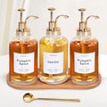 Coffee Syrup Dispenser for Coffee Bar 16.9oz 500ml Glass Syrup Dispenser w Golden Coffee Scoop Coffee Syrup Pump Dispenser w 36 Labels and Bamboo Tray Coffee Syrup Bottles with Golden Pump 3PCS