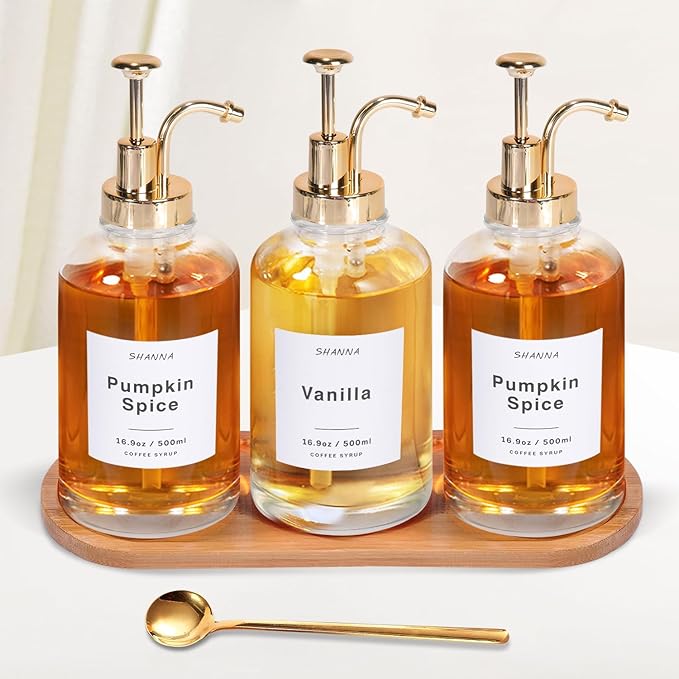 Coffee Syrup Dispenser for Coffee Bar 16.9oz 500ml Glass Syrup Dispenser w Golden Coffee Scoop Coffee Syrup Pump Dispenser w 36 Labels and Bamboo Tray Coffee Syrup Bottles with Golden Pump 3PCS