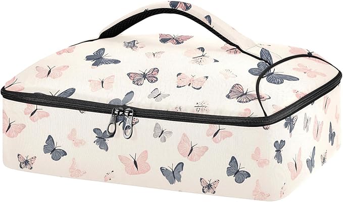 Casserole Carrier Pattern Pink ButterfliesInsulated Casserole Carrier for Hot or Cold Food Thermal Lunch Tote for Potluck Parties Picnic Beach Fits 9 x 13 Inches Baking Dish
