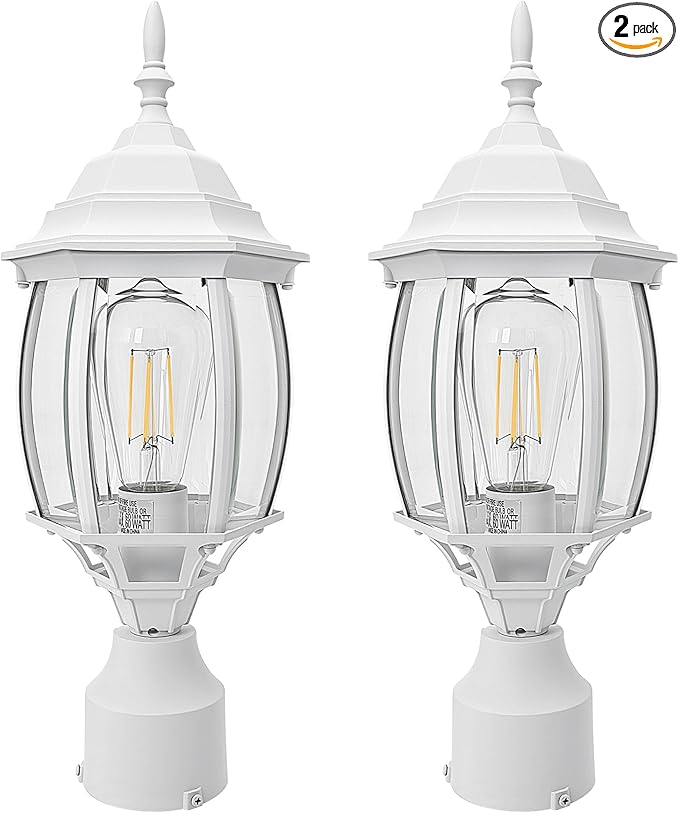 2 Pack White Outdoor Lamp Post for Patio Pathway 17inch White Outdoor Post Light Fixture for House Pier Mount Outside Lighting Exterior Pole Lamp 17” Coach Light