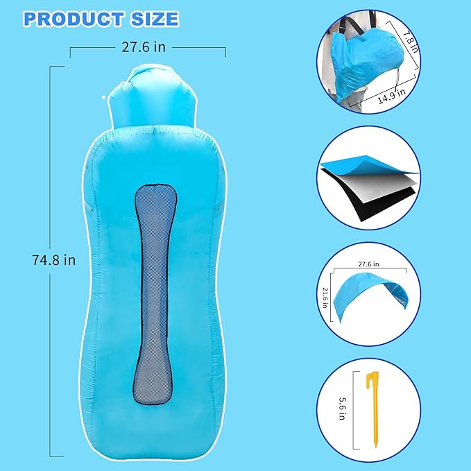 Inflatable Couch Inflatable Lounger Air Sofa | No-Pump Blow Up Couch | Ergonomic Design Air Couches Outdoor for Camping &amp Park &amp Beach Upgrade Your Camping Accessories-with Sun Shade（Blue）