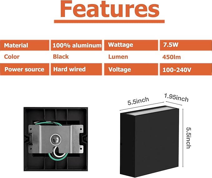 Modern LED Wall Sconce Outdoor Up Down Wall Lamp Black Aluminum Waterproof Wall Lights Exterior Light Fixtures 450LM 3000K Hallway Wall Lighting for Porch Front Door Garden Yard Patio