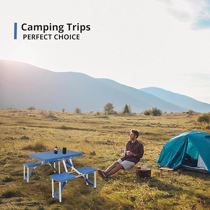 4Ft Folding Camping Picnic Table with 4 Chairs with Umbrella Hole Lightweight Suitcase Card Table-220 Lbs Support Aluminum Frame Plastic RV Tabletop for Outdoor Party Beach and Backyard