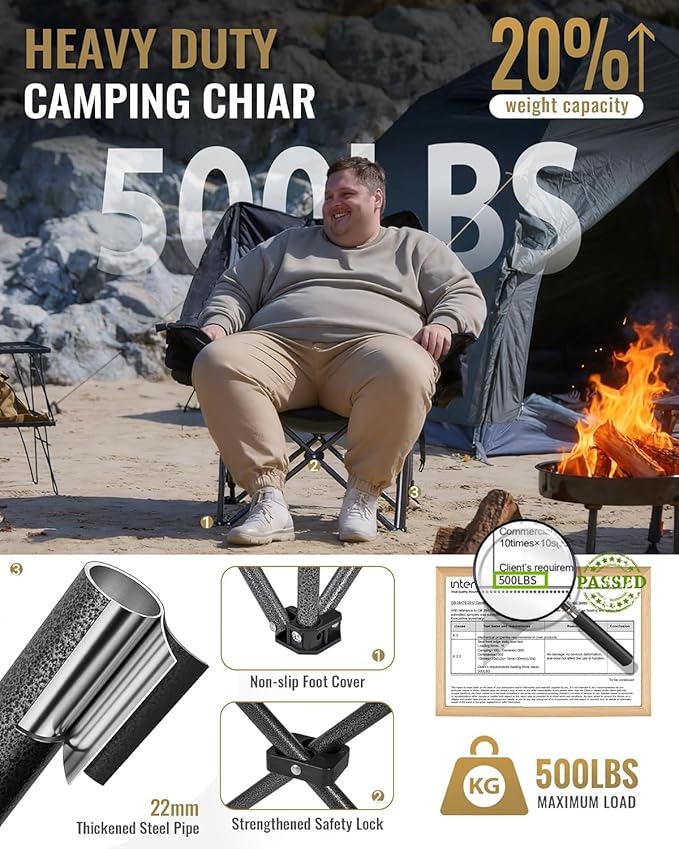 KingCamp Oversized XL Camping Chair Heavy Duty 500lbs Folding Couch for Adults Padded Large Comfortable Sofa Seat with Cooler Bag Cup Holder for Outdoor Sports Fishing Patio Lawn