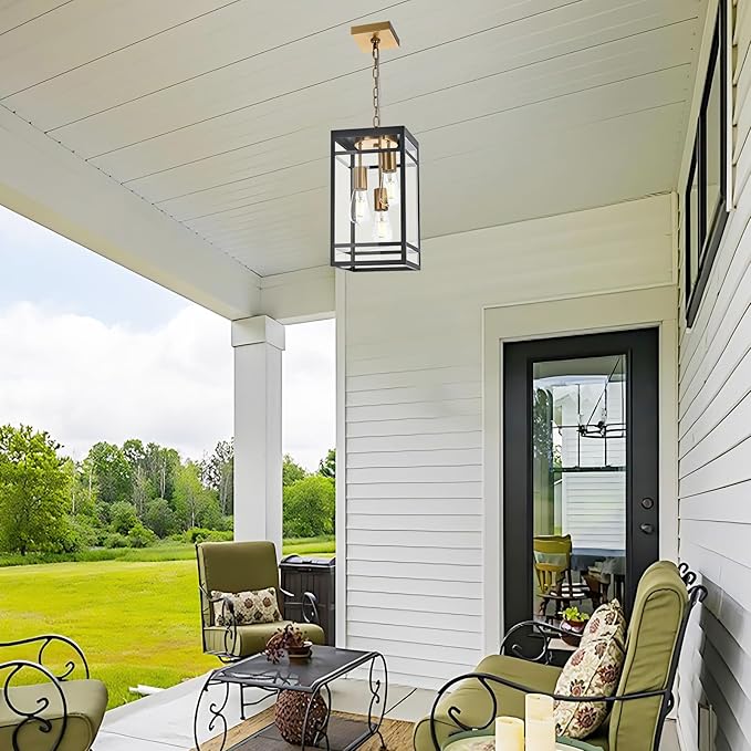 3-Light Outdoor Pendant Lights for Porch Black &amp Brushed Brass Outdoor Chandelier 16'' Exterior Hanging Porch Light Fixtures w/Clear Glass Waterproof Outside Pendant Lantern for Garage
