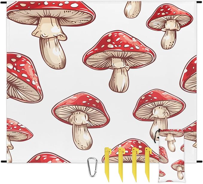 Waterproof Sandproof Beach Blanket 59''×68'' Vegetables Mushrooms Polyester Outdoor Picnic Blanket with 4 Stakes &amp Storage Bag for BeachCampingVacation Red