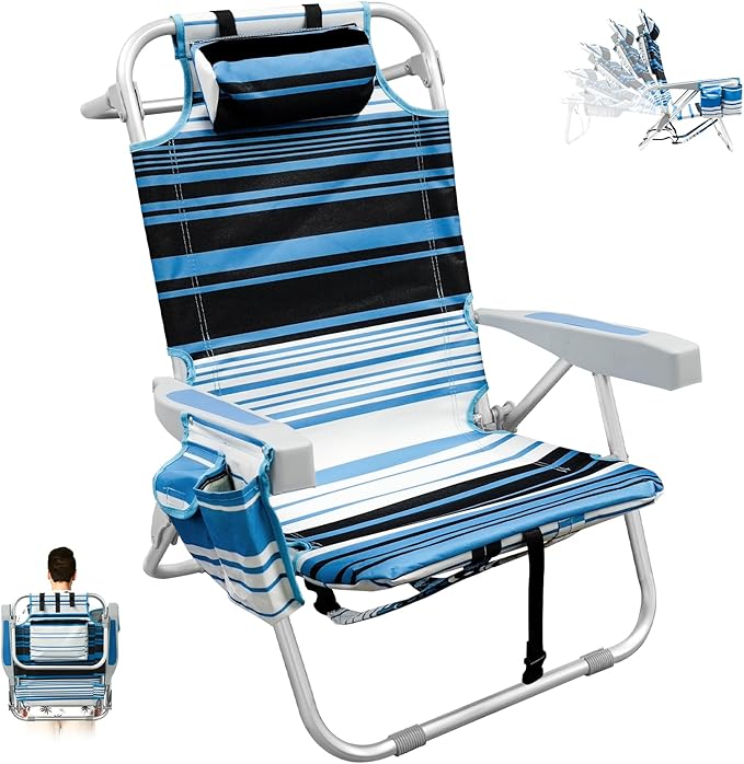 Backpack Beach Chairs for Adults Folding Lightweight Beach Chair with Cup Holder and Padded Headrest 5 Positions Aluminum Reclining Heavy Duty Chair for Outdoor Camping PatioSupport to 300LBS
