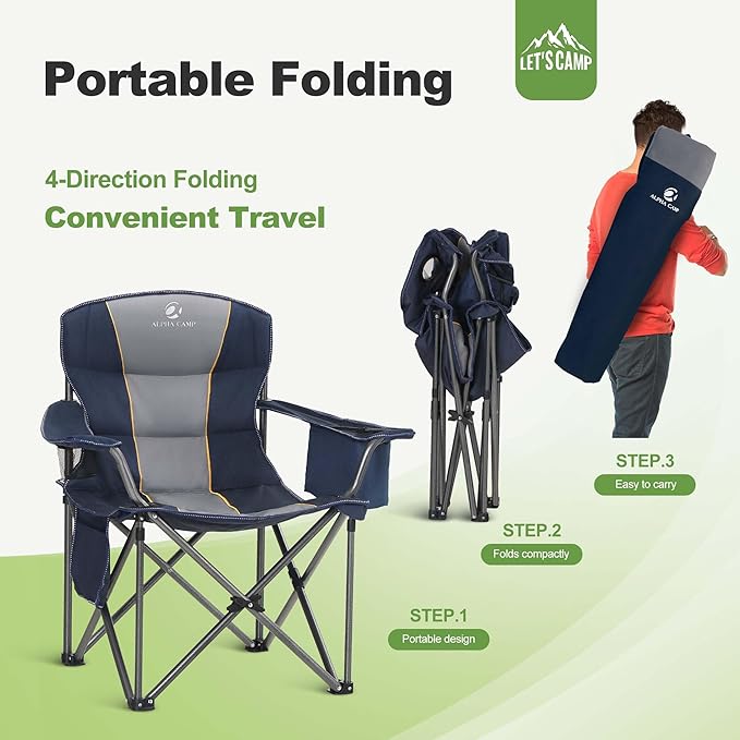 LET'S CAMP Folding Camping Chair Oversized Heavy Duty Padded Outdoor Chair with Cup Holder Storage and Cooler Bag 450 LBS Weight Capacity Thicken 600D Oxford2 Pack