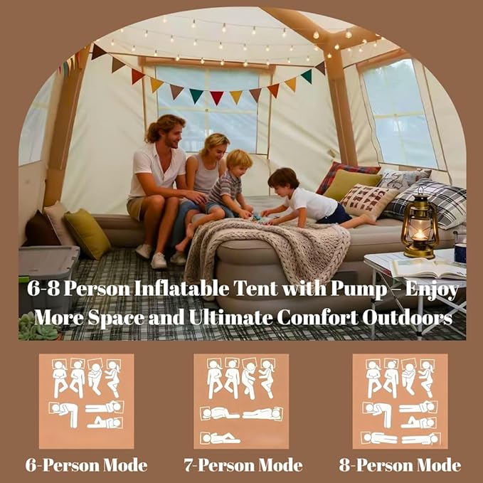 Easy Setup Inflatable Camping Tent Waterproof 4 Season Air Tent with Hand Pump Oxford Glamping Tent for 4/6/8 Adults