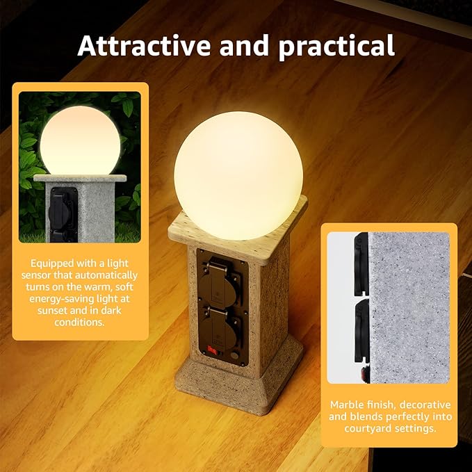 uuffoo Pathway Lights with Outdoor Outlet 4-Socket Marble Look Weatherproof Plug Cover with LED Ball Light Dusk-to-Dawn Sensor 3M Cord Landscape Lighting for Patio Garden Walkway Driveway Decor