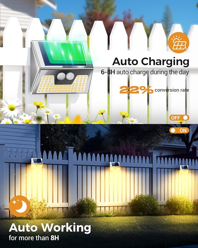 4 Pack Solar Lights Outdoor Motion Sensor Waterproof Fence Lights 3 Lighting Mode Warm White LED Outside Light Wireless for Fence Wall Yard Steps Stairs Garden -Stainless Steel