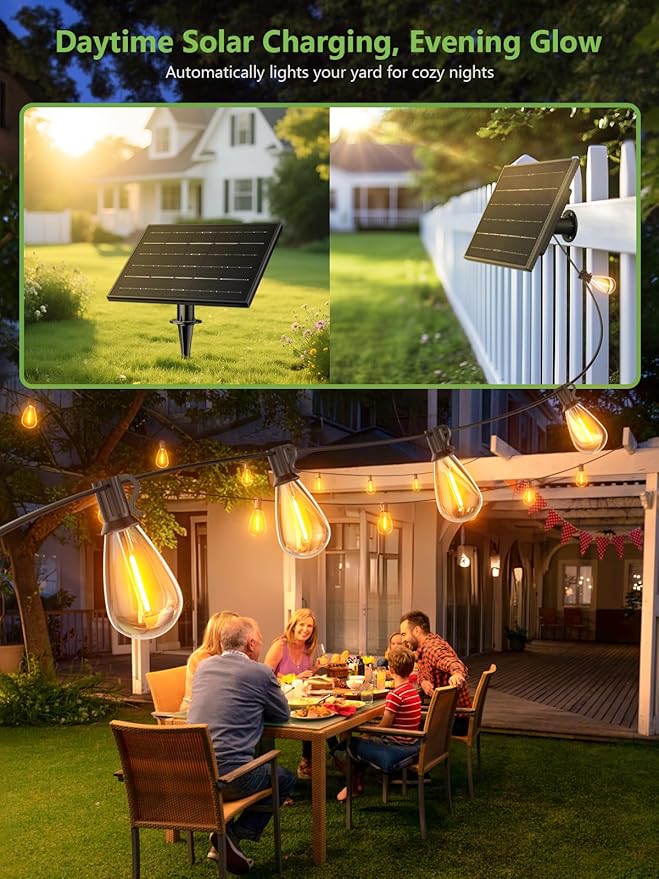 luckystyle 30FT Solar String Lights Outdoor Waterproof 2200K with Remote &amp USB Charging 10+1 LED Shatterproof Bulbs Dimmable &amp Timable 3 Light Modes Long Last for GardenPatio Backyard C