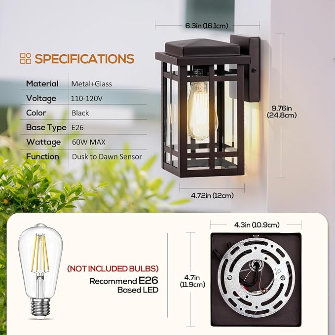 9.76'' Outdoor Wall Light Fixtures 2 Packs Waterproof Porch Lights Lanterns Exterior Modern Brown Wall Mount Lighting Anti-Rust E26 Outside Scones for House Front Door Garage Patio 2 Pack