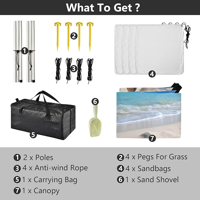Beautiful Beach Scene Beach Tent Sun Shelter 9.2' x 10.5' Beach Canopy with 4 Sandbags 4 Stability Poles Sand Shovels - Tent Canopy for Beach Camping Fishing Picnics