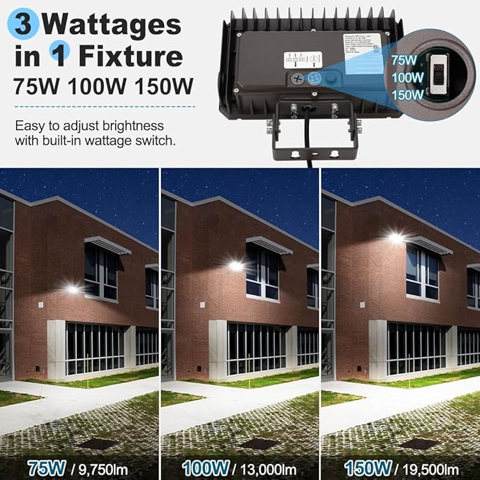 150W LED Flood Light with Dusk-to-Dawn Photocell 5000K Daylight 100-277V IP65 Waterproof 130lm/W 150W/100W/75W Adjustable LED Parking Lot Light with Trunnion Mount ETL