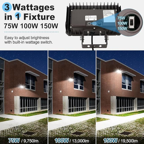 150W LED Flood Light with Dusk-to-Dawn Photocell 5000K Daylight 100-277V IP65 Waterproof 130lm/W 150W/100W/75W Adjustable LED Parking Lot Light with Trunnion Mount ETL