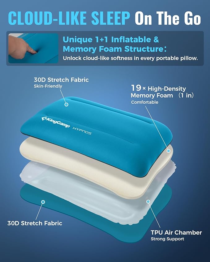 KingCamp Inflatable Pillow for Camping Large(19.7 x 11.8) Camping Pillow Ultra-Soft Camp Pillow with Washable Foam Cover for Home-Like Comfort Hiking Car Beach Travel