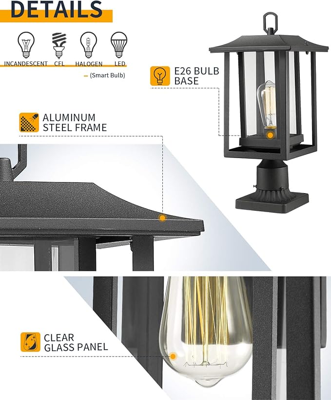 Beionxii Outdoor Post Light Large Exterior Lamp Post Light Pier Mount Lantern with Base Black Cast Aluminum w/Clear Glass (19 x 9) - A197P-1PK