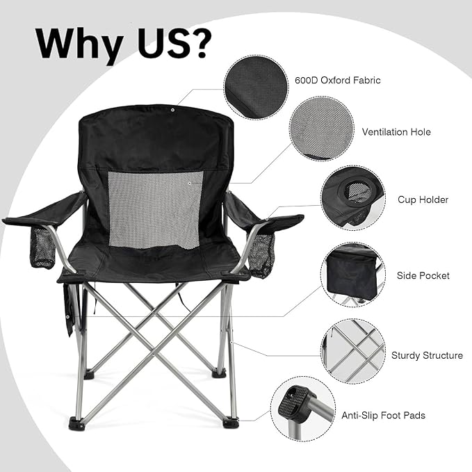 Simple Deluxe Outdoor Foldable Camping Chair with Cup Holder and Carrying Bag Camping Chair with 300lbs Capacity and Sturdy Material Suitable for Beaches Hiking and Camping Black