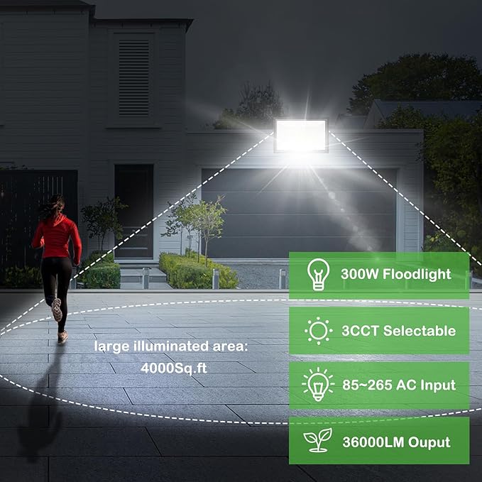 3 Pack 300W LED Flood Lights Outdoor 3CCT 3000K/4500K/6000K Color Selectable Floodlight Outside Light IP66 Waterproof Security Lamps for Yard Court Stadium