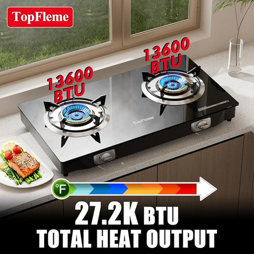 2 Burner Propane Stove 27200 BTU High-Efficiency Tempered Glass Auto-Ignition Gas Burner Stove Top with CSA Hose for Outdoor RV Camping Emergency Cooking