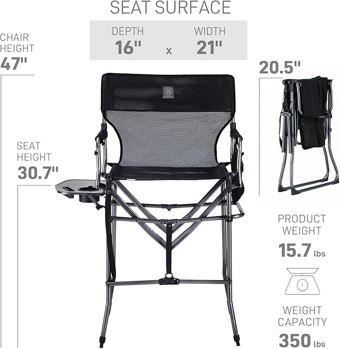 EVER ADVANCED Portable 30.7 Seat Height Tall Folding Camping Chair Directors Chair High Foldable Bar Stool with Side Table for Makeup Artist Sports Event Craft Show Textilene Mesh Supports 350LBS