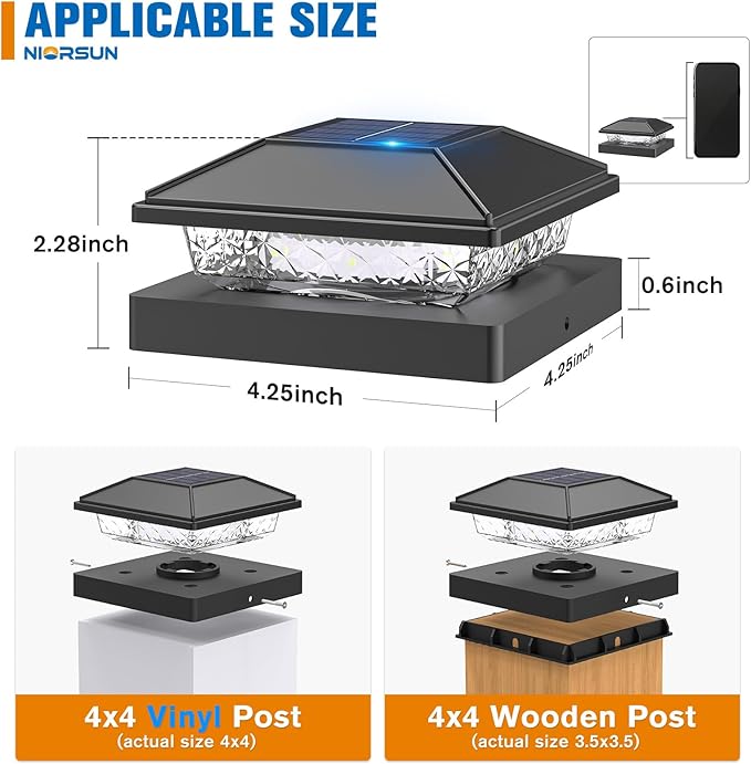 NIORSUN Solar Post Lights Outdoor Fence Post Solar Lights Warm White Waterproof Garden Patio Fence Deck Decor 4x4 Posts Cap Wood Vinyl Black 12 Pack