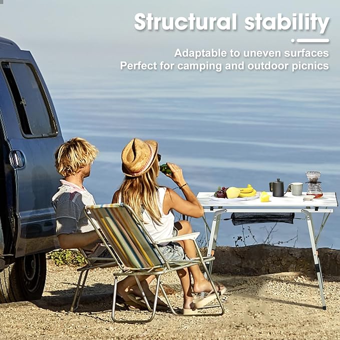 ERYTLLY Folding Camping Table Outdoor Portable Picnic Table with Adjustable Legs Lightweight Aluminum Beach Table with Roll Up Table Top and Mesh Layer for Backyards BBQ and Party
