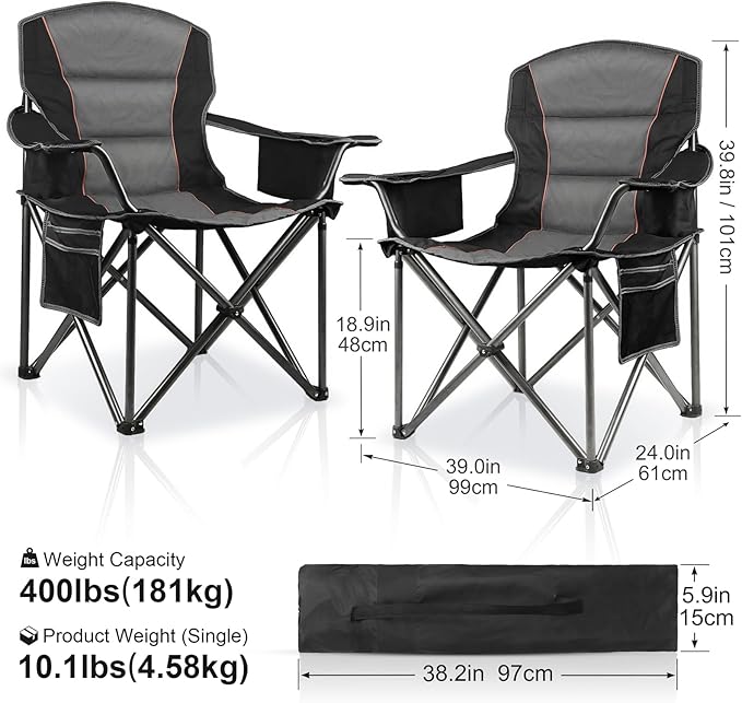 2 Pack Padded Oversized Camping Chairs for AdultsHeavy Duty Support 400 LbsFolding Portable Lawn Chair w/Cup HolderCooler BagSide PocketPerfect for Outdoor PicnicHiking(Black)